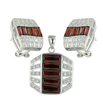 Sterling Silver Pendant 20X20mm+Earring 16X14mm Octagon with Garnet Cubic Zirconia+5 Clear