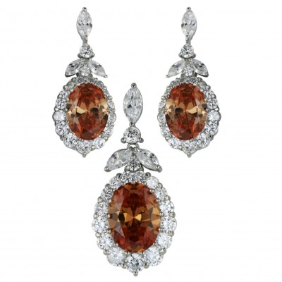 Sterling Silver Set 25X21mm Champagne Cubic Zirconia Oval with Clear Cubic Zirconia Around+Cubic Zirconia Marqui