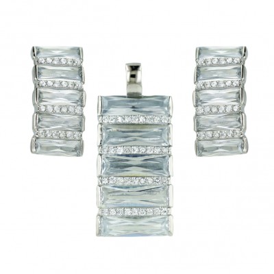 Sterling Silver Set 5 Clear Cubic Zirconia Rectangular Baguette--Rhodium Plating/Nickle Free--