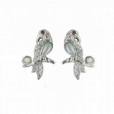 Sterling Silver Earring White Mother Of Pearl Bird W/Clear Cubic Zirconia Body+Gn Cubic Zirconia Ey