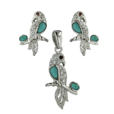 Sterling Silver Set Faux Turquoise Bird with Clear Cubic Zirconia Body+Garnet Cubic Zirconia Eyes