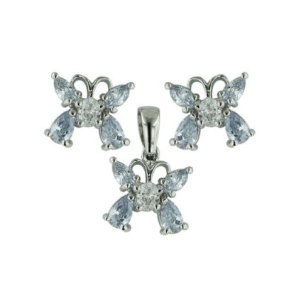 Sterling Silver Set Earring+Pendant Butterfly Lv Cubic Zirconia Cubic Zirconia with Clear Cubic Zirconia