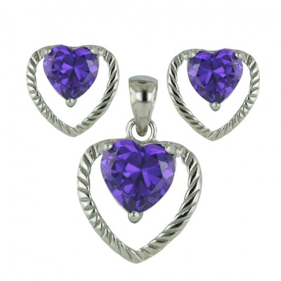 Sterling Silver Pendant 8mm+Earring 6mm #Ls-13 Amethyst Cubic Zirconia Heart with Open Twi