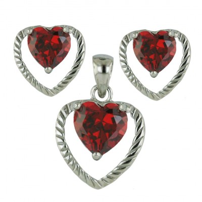 Sterling Silver Pendant 8mm+Earring 6mm Garnet Cubic Zirconia Heart with Open Twisted He