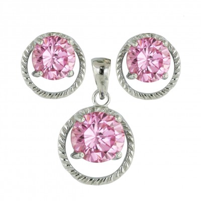 Sterling Silver Pendant 7.5mm+Earring 5.5mm Pink Cubic Zirconia Round with Plain Open