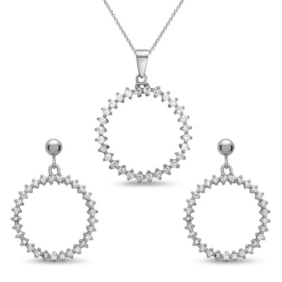 STERLING SILVER PENDANT AND EARRING FLOATIN CIRCLE CLEAR CUBIC ZIRCONIA