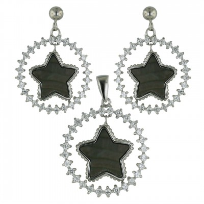 Sterling Silver Pendant 25mm+Earring 20mm Clear Cubic Zirconia Open Round with Black Mother of Pearl S