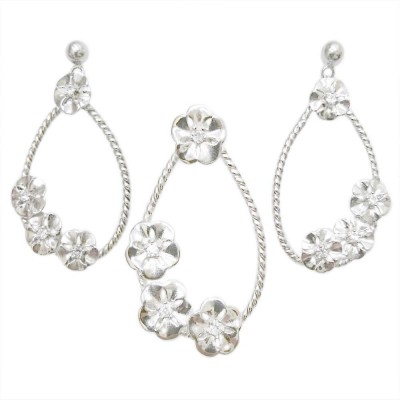 Sterling Silver Set Clear Cubic Zirconia Flwrs with Open Twisted Tear Drop--Rhodium Plating/Nickle Free-