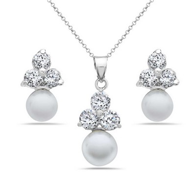 Sterling Silver Pendant 9mm+Earring 6mm White Faux Pearl with Clear Cubic Zirconia Top