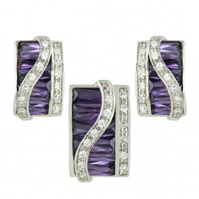 Sterling Silver Pendant 19X13mm+Earring 19X16mm Amethyst Cubic Zirconia Baguette Square with