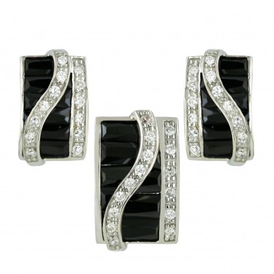 Sterling Silver Pendant 19X13mm+Earring 19X16mm Black Cubic Zirconia Baguette Square with