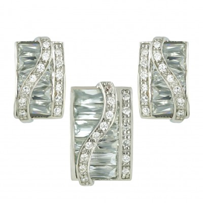 Sterling Silver Pendant 19X13mm+Earring 19X16mm Clear Cubic Zirconia Baguette Square with