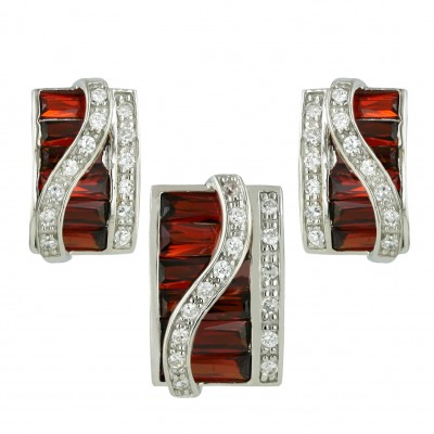 Sterling Silver Pendant 19X13mm+Earring 19X16mm Garnet Cubic Zirconia Baguette Square with