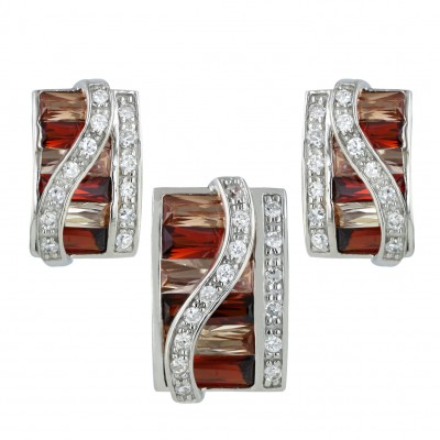 Sterling Silver Pendant 19X13mm+Earring 19X16mm Champagne+Garnet Cubic Zirconia Baguette Square