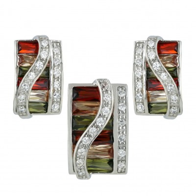 Sterling Silver Pendant 19X13mm+Earring 19X16mm Garnet +Champagne+Olivine Cubic Zirconia Baguette