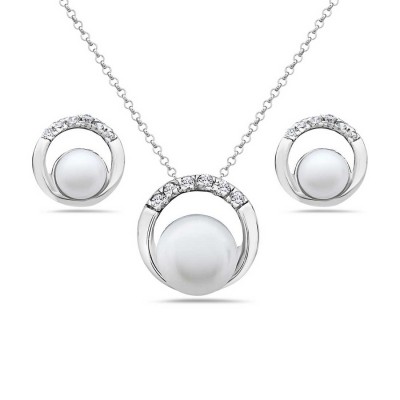 Sterling Silver Pendant (8mm) +Earg (5mm) Set White Fresh Water Pearl with Open Clear Cubic Zirconia R