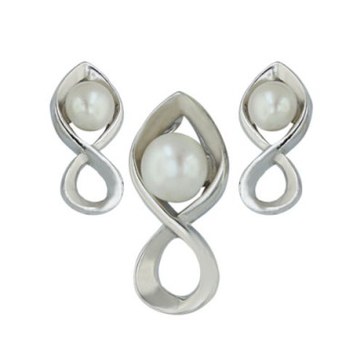 Sterling Silver Pendant 7mm+Earring 5mm White Fresh Water Pearl with Open Silver Figur