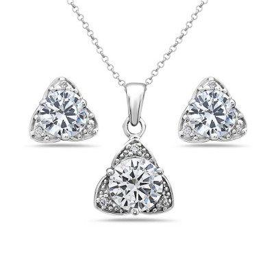 Sterling Silver Pendant 8mm+Earring 6mm Clear Cubic Zirconia Round with Trillion Around