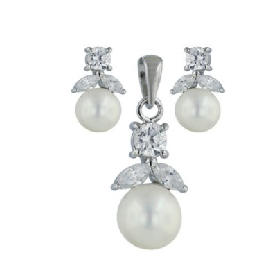 Sterling Silver Set White Mother of Pearl Shell Pearl with 3 Pcs Clear Cubic Zirconia Marquis