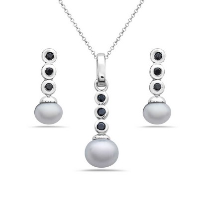 Sterling Silver Pendant 8mm+Earring 6mm Gray Potato Freshwater Pearl