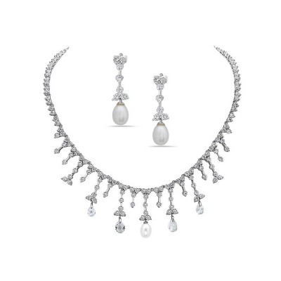 Sterling Silver Necklace+Earring Set Clear Cubic Zirconia Raindrop with 5 Oval