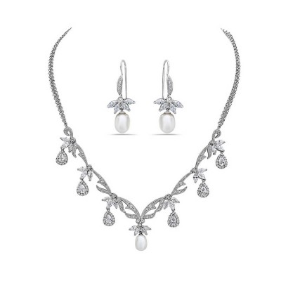Sterling Silver Necklace+Earring Set Marquis Petals with 7 Oval Wh