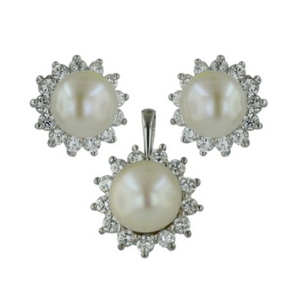 Sterling Silver Set White Freshwater Pearl with Clear Cubic Zirconia Petals Aroun