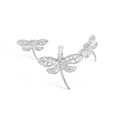 Sterling Silver Set Open Plain Dragonfly with Clear Cubic Zirconia Eyes--Rhodium Plating/Nickle Free-