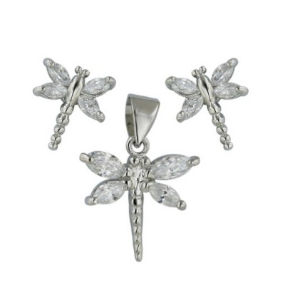 Sterling Silver Set Clear Cubic Zirconia Dragonfly--Rhodium Plating/Nickle Free--