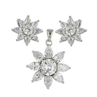 Sterling Silver Earring +Pendant Flower Clear Cubic Zirconia