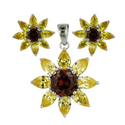 Sterling Silver Earring +Pendant Flower Canary Petals +Coffee C