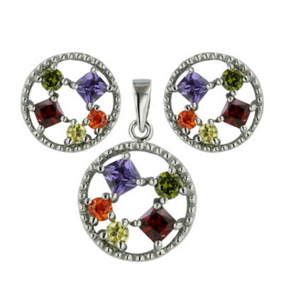Sterling Silver Set Earring + Pendant 13-13 Open Round Shape with Multicolor-