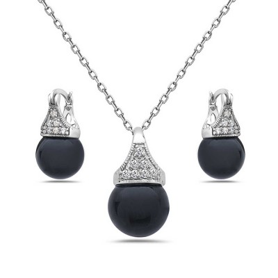 Sterling Silver Set Earring+Pendant 10mm Onyx Latch Ball with Cubic Zirconia