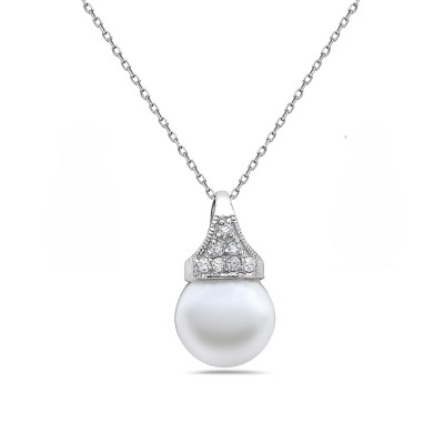STERLING SILVER PENDANT 10MM WHITE LATCH GLASS PEARL W/CZ