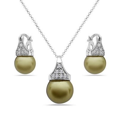 Sterling Silver Set Earring+Pendant 10mm Olive Latch Glass Pearl with Cubic Zirconia