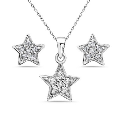 Sterling Silver Set of Pendant and Stud Earring of Star with Clear