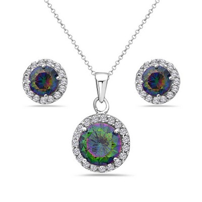 Sterling Silver Set 7-7mm Earring+9-9mm Pendant Round Faceted Cut Mys