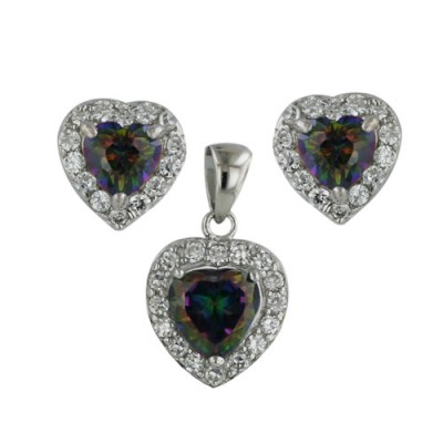 Sterling Silver Set 6-6mm Earring+7-7mm Pendant Heart Shape Faceted C