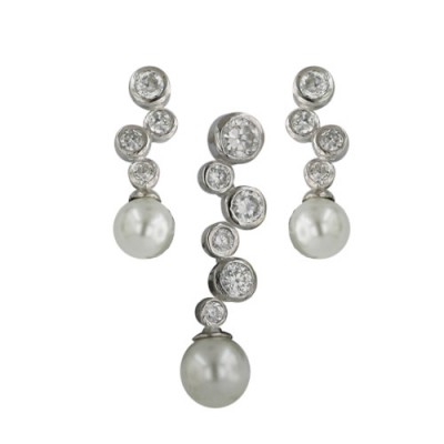 Sterling Silver Set 4 Round Clear Bezel with 2.1mm Faux Pearl Earring+ 2