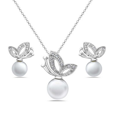 Sterling Silver Set Butterfly 8mm Faux Pearl with 1.4mm Clear Cubic Zirconia-10 E
