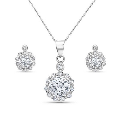 Sterling Silver Set Earring 6mm Clear Cubic Zirconia with Post+Pendant 8mm Round Clear Cubic Zirconia