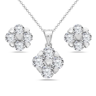 Sterling Silver Set 3.5mmcl Cubic Zirconia-4 Stud Earring+5.5mm Clear Cubic Zirconia-4 Pendant with