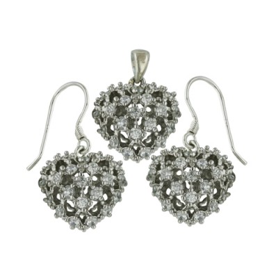 Sterling Silver Set Hollow Puffy Heart with Clear Cubic Zirconia