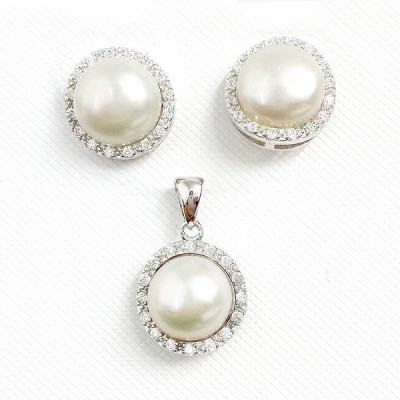 Sterling Silver Set 10mm Fresh Water Pearl Center Clear Cubic Zirconia Surround