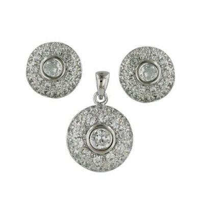 Sterling Silver Set Dome Paved in Clear Cubic Zirconia Round Clear Cubic Zirconia Center