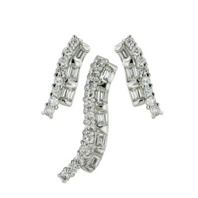 Sterling Silver Set Two Row of Wave Design Rd and Square Clear Cubic Zirconia