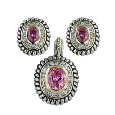 Sterling Silver Earring, Pendant Oval Pink Cubic Zirconia Clear Cubic Zirconia Around