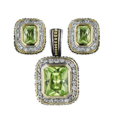 Sterling Silver Earring, Pendant Rectangular Shape Peridot Cubic Zirconia