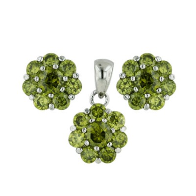 Sterling Silver Earring, Pendant Olivine Cubic Zirconia Small Flowers