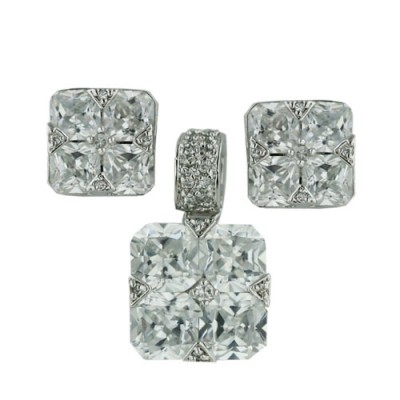 Sterling Silver Earring Pendant Sqaure Cubic Zirconia Bar Bail